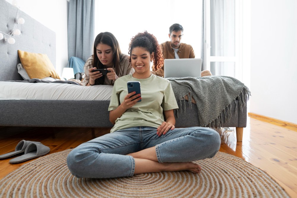 a group of friends sitting together and using phone and internet