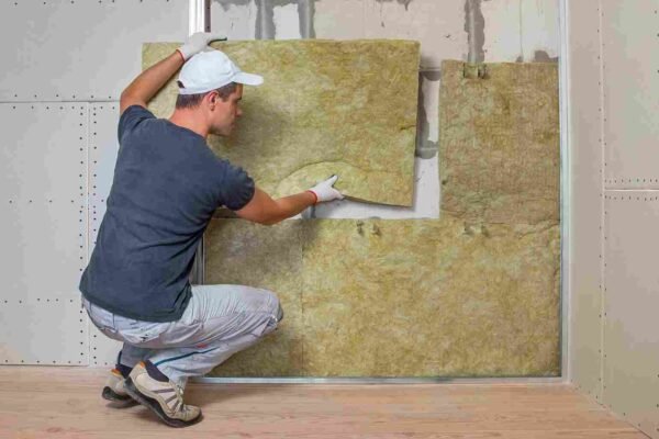 Worker insulating a room wall