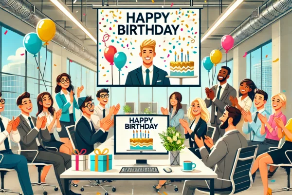 A cheerful and professional digital illustration of an office birthday celebration. A diverse group of coworkers is gathered around a desk, smiling and clapping