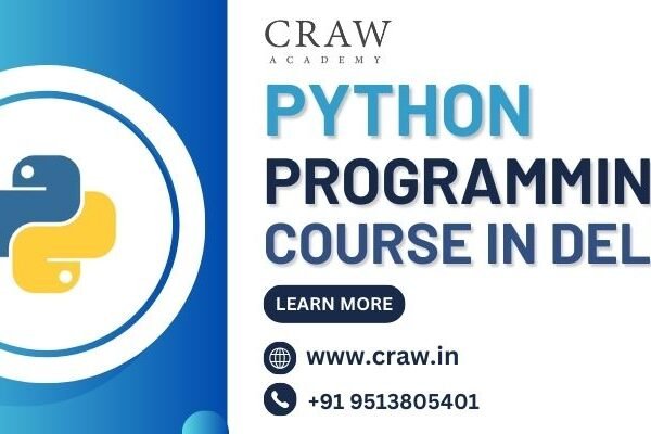 Advertisement for a Python programming course at Craw Academy in Delhi, featuring the Python logo and contact details.