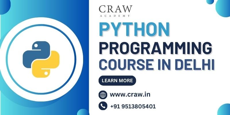 Advertisement for a Python programming course at Craw Academy in Delhi, featuring the Python logo and contact details.